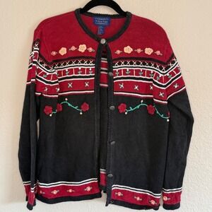 Vintage Womens Medium Cardigan Sweater Scandi Nordic Indie Twee Floral Holiday